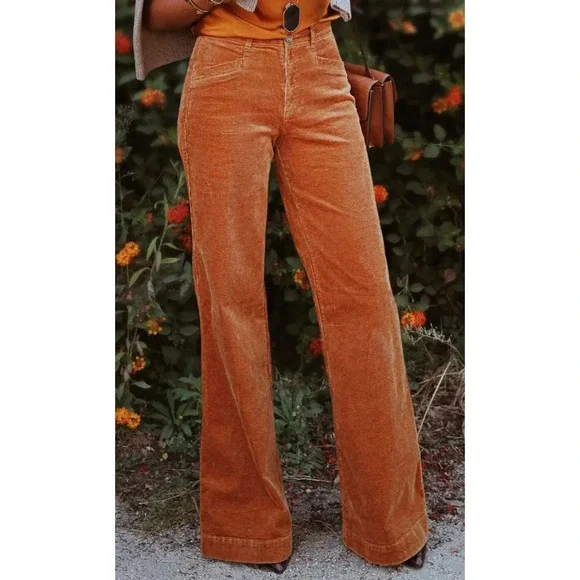 FLAMINGALS Corduroy Solid Mid Rise Straight Leg Pants Button Fly Women Small NWT - Picture 7 of 9